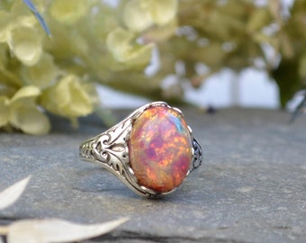 Fire Opal Ring, Vintage Harlequin Opal, Silver Plated Adjustable Filigree Ring, glass Opal Ring, Opal Jewelry, October Birthday