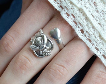 Dainty Bee Ring, Bee Spoon Ring,  Heart Bee Flower Ring, Gardeners Ring, Bee Spoon Ring, Silver Plated Spoon Ring, bee lover ring