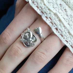 Dainty Bee Ring, Bee Spoon Ring,  Heart Bee Flower Ring, Gardeners Ring, Bee Spoon Ring, Silver Plated Spoon Ring, bee lover ring