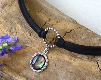 Whimsigoth Choker, Gemstone Leather Choker necklace with custom Black Pearl, Onyx, Rose Quartz options