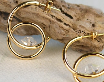 Herkimer Diamond Earrings, Herkimer Earrings, Crystal Geometric Hoop Earrings, Raw Stone Earrings,