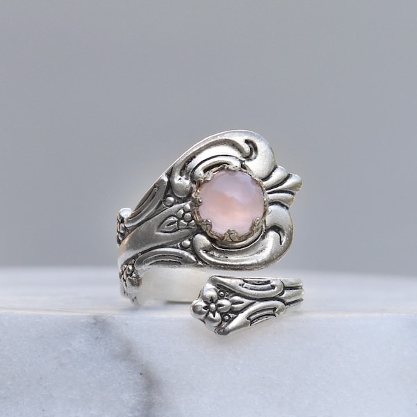 raw rose quartz ring, Blush Quartz Ring, Gemstone spoon ring, Lovers Ring, silver plated spoon ring,  Natural Rose Quartz Jewelry