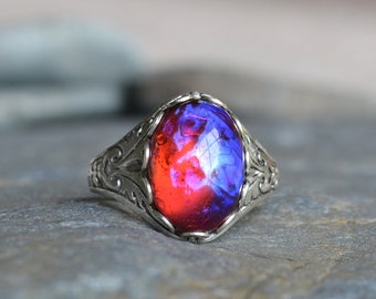 Dragon's Breath Fire Opal Ring: Sterling Silver Plated Adjustable Band