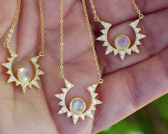 Gold Sun Necklace, North Star Necklace, Starburst Necklace, Sunburst Pendant, Boho Layering Jewelry, Summer Beach Moonstone Necklace