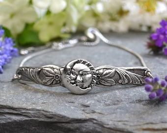 Sun and Moon Bracelet: Adjustable Silver Celestial Bracelet, Crescent Moon Eclipse Jewelry , Friendship boho jewelry