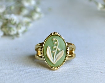 Green Cameo Ring, Daisy or Lily of the Valley Ring, Sterling Silver or Gold Vermeil, Wildflower Ring, Mothers Day Gift Ideas