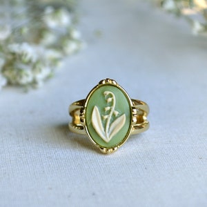 Green Cameo Ring, Daisy or Lily of the Valley Ring, Sterling Silver or Gold Vermeil, Wildflower Ring, Mothers Day Gift Ideas