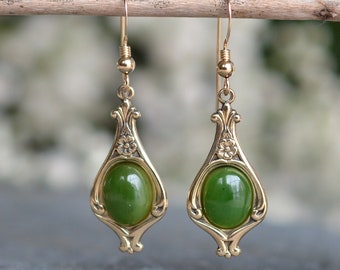 Jade Earrings, Victorian style Dangle Earrings, Green Stone Earrings