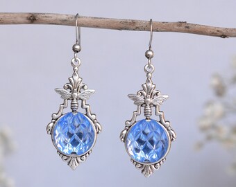 Dainty Bee Earrings with Vintage Blue Flower Glass Stone, Art Nouveau, Victorian Earrings, Bee Jewelry