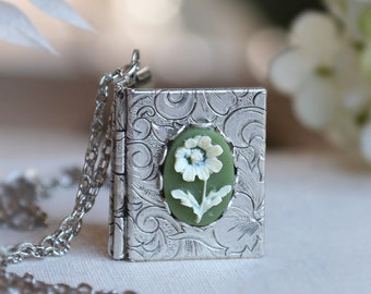 Cameo Book Locket, Flower book locket, Floral locket in antique silver finish, keepsake photo locket necklace