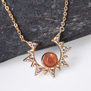 Gold Sun Necklace, Dainty Starburst Necklace, Sunstone Moon Star Jewelry,  Delicate Starburst Necklace, Sterling layering Necklace