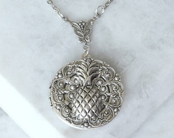 Pineapple locket, Silver Plated Pineapple Locket, Pineapple Necklace, Friendship Necklace, Pineapple Jewelry, Tropical Locket,  Beach Locket