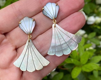 Black Pearl Shell Earrings, Mother of Pearl Fan earrings, Iridescent rainbow pearl earrings, large statement earrings