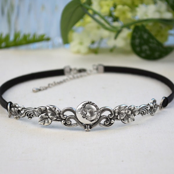Flower Leather choker, sun and moon choker necklace, moon child festival jewelry, Celestial Jewelry