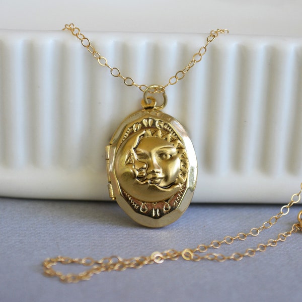 Gold Sun Necklace, Celestial  Locket Necklace, Sun and Moon Locket, Sunshine Locket, Sunburst Necklace, Gold Locket