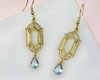 Elegant Gold Plated Geometric Earrings with Aquamarine Glass Dangle - Vintage Art Deco Style