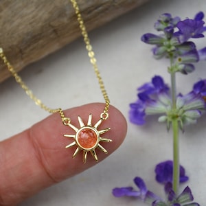 Dainty gold sun necklace with sunstone gemstone, galaxy necklace, celestial jewelry, sunburst sun pendant