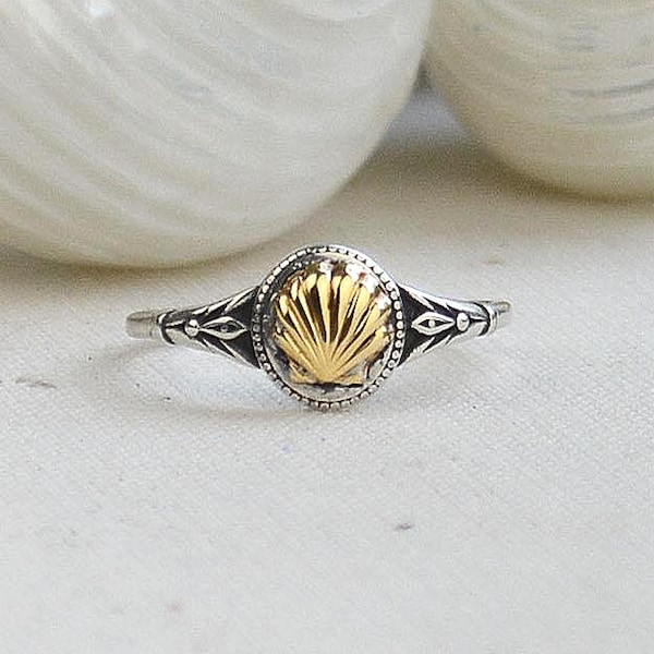 Tiny Seashell Ring, Shell Signet Ring, Dainty seashell Ring, Cape Cod Jewelry, Mixed Metal Sterling Silver Ring with Gold Shell
