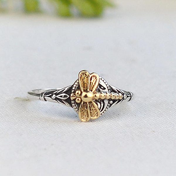 Tiny Dragonfly Ring, Dragonfly Signet Ring, Dainty Signet Ring, Dragonfly Stacking Ring, Gold Dragonfly Ring, Sterling Silver Rings