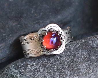 Dragon's Breath Glass Opal Spoon Ring - Plated Silver Adjustable Ring