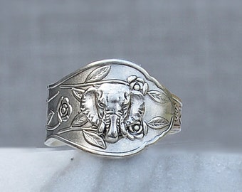 Boho Elephant Ring, Tiny elephant flower and leaf ring, Dainty Silver Plated Elephant Ring, lucky Elephant Spoon Rings