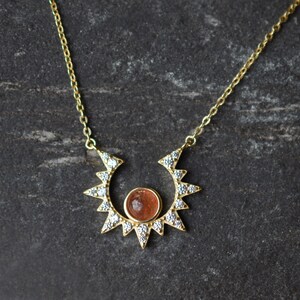 Gold Sun Necklace, Dainty Starburst Necklace, Sunstone Moon Star Jewelry, Delicate Starburst Necklace, Sterling layering Necklace image 5