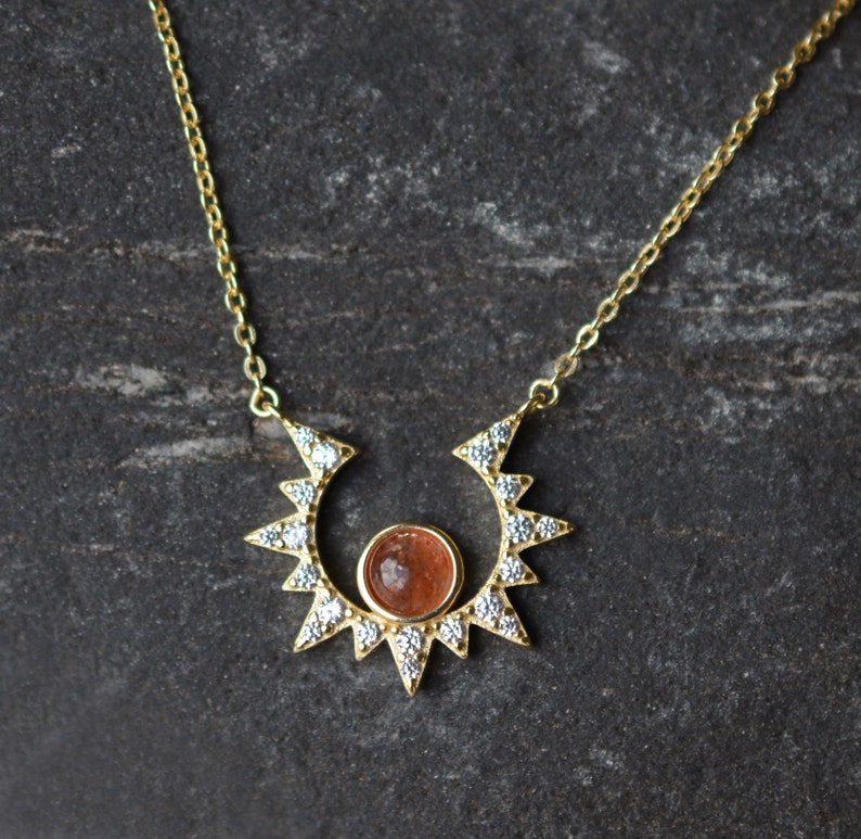 Gold Sun Necklace, Dainty Starburst Necklace, Sunstone Moon Star Jewelry, Delicate Starburst Necklace, Sterling layering Necklace image 5