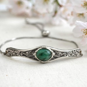 Natural Emerald Bracelet, May Birthstone Bracelet, Adjustable silver stacking bracelet