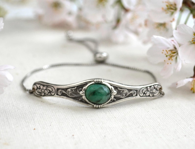 Natural Emerald Bracelet, May Birthstone Bracelet, Adjustable silver stacking bracelet