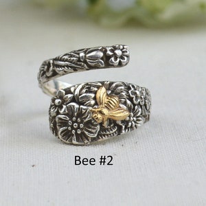 Flower Bee Spoon Ring, Dragonfly Wrap Ring, Adjustable Sterling Silver ...