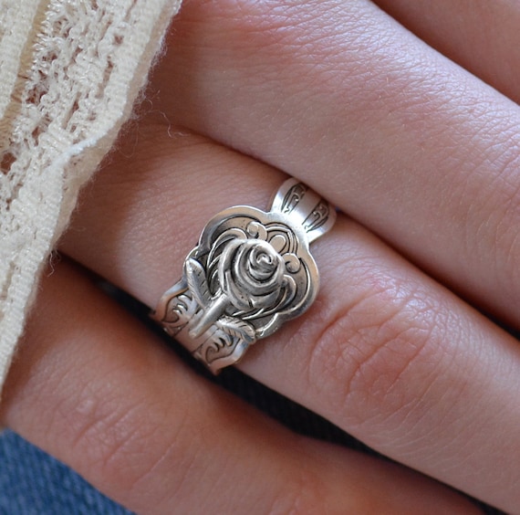 Rose Spoon Ring: Dainty Silver Plated Flower Ring
