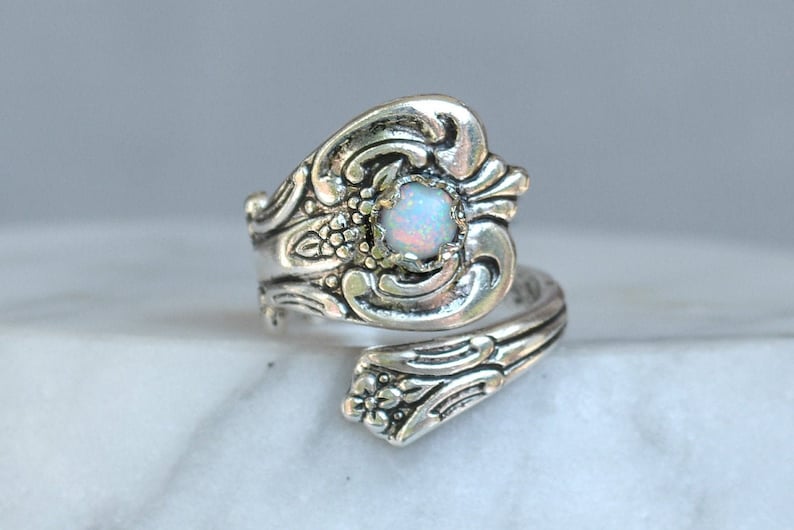 White Opal Spoon Ring, Thumb Ring, October birthday Gift, Silver Plated Spoon Rings, Spoon Jewelry, October birthstone Ring, fire opal rings image 3