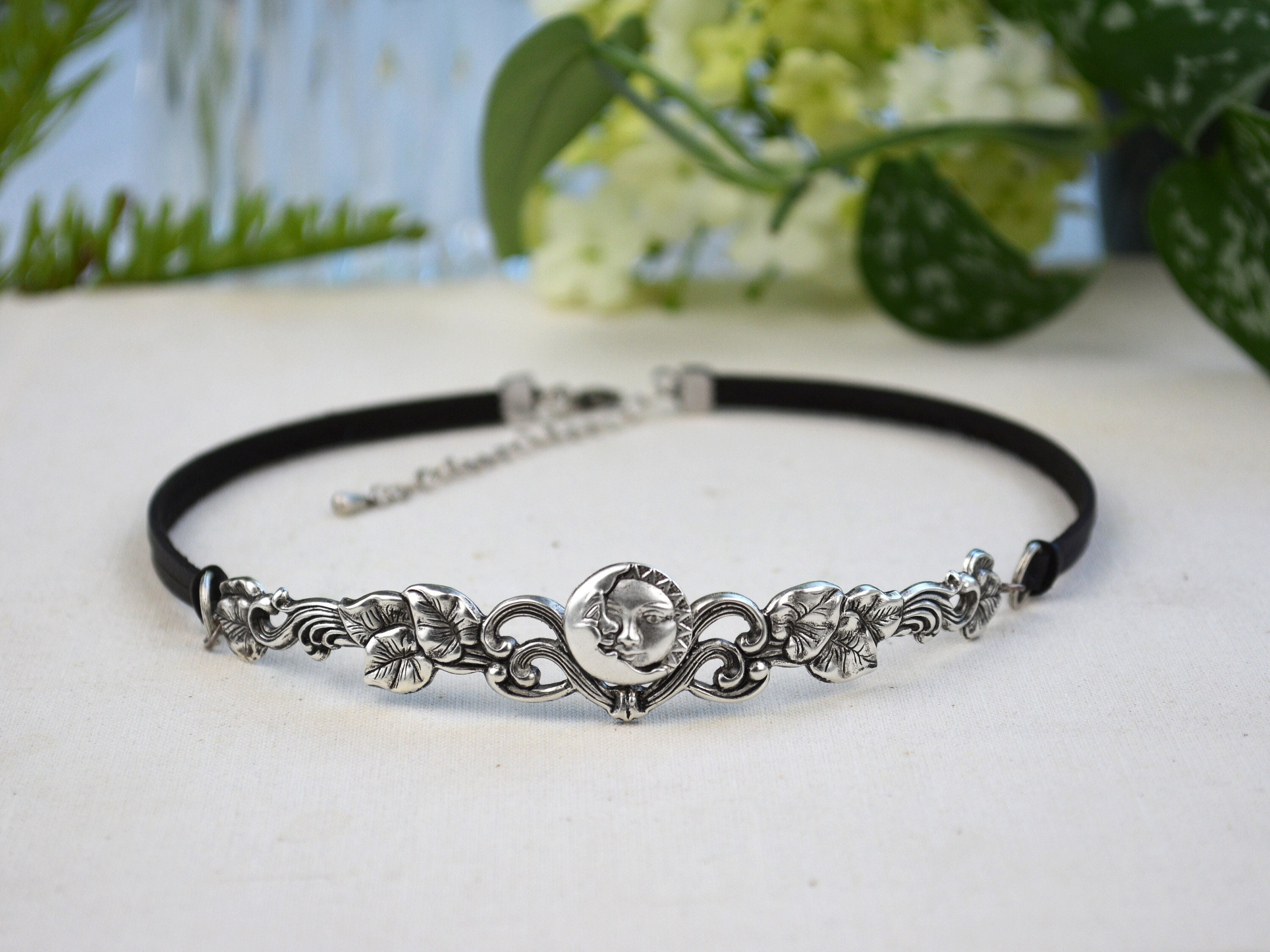Flower Leather choker, sun and moon choker necklace, moon child festival jewelry, Celestial Jewelry