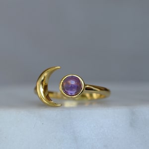 Wanderlust Moon Ring, Rose Gold Amethyst Ring, Crescent Star jewelry, Moon hugging Planet Ring, Blush Moon Ring, February birthstone ring gold vermeil