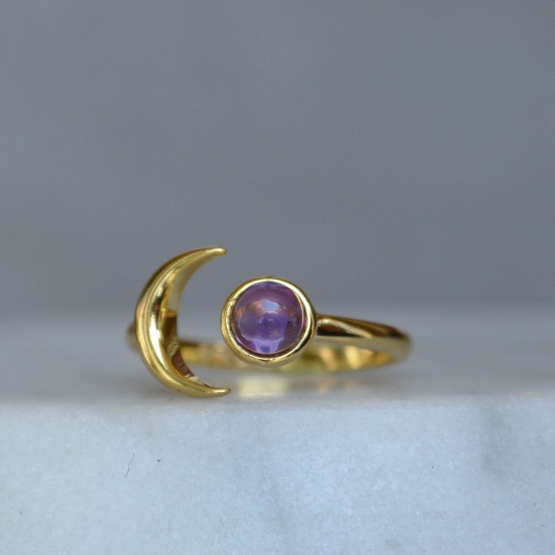 Wanderlust Moon Ring, Rose Gold Amethyst Ring, Crescent Star jewelry, Moon hugging Planet Ring, Blush Moon Ring, February birthstone ring gold vermeil