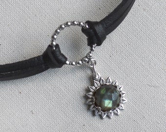 Labradorite Leather Choker Necklace, Select your Gemstone or Opal, Raw Emerald Sunflower Necklace