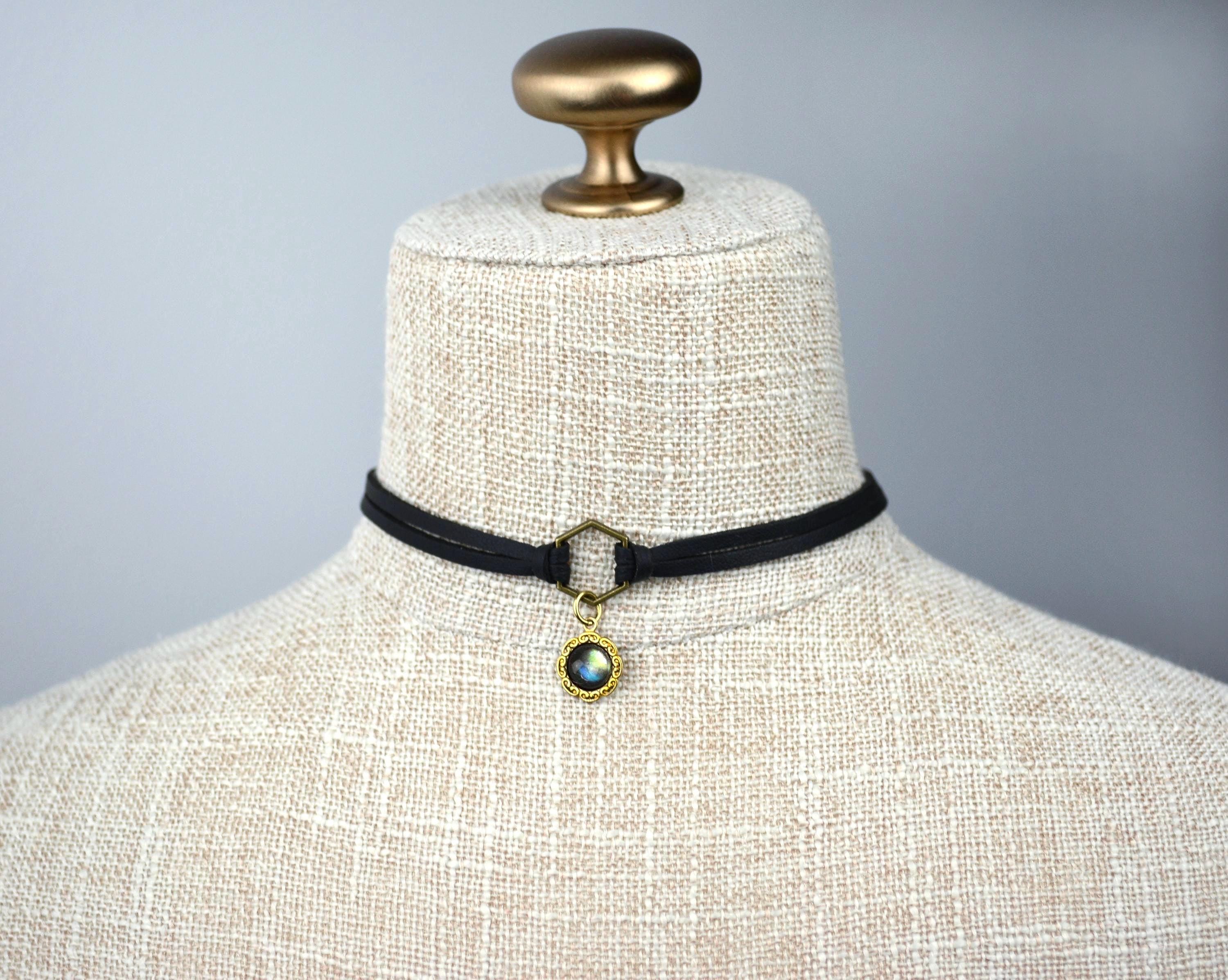 Gemstone Leather Choker With Black Pearl, Raw Emerald, Opal Gemstone Leather Choker With Black Pearl, Raw Emerald, Opal