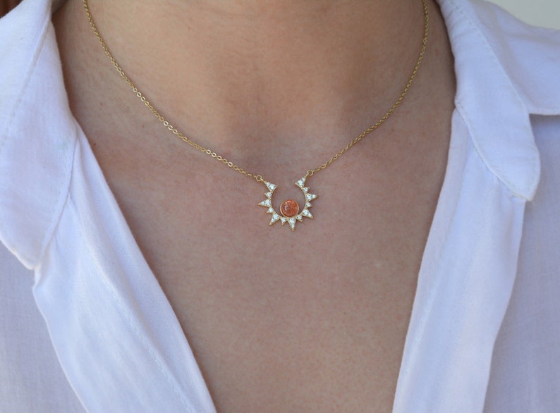 Gold Sun Necklace, Dainty Starburst Necklace, Sunstone Moon Star Jewelry, Delicate Starburst Necklace, Sterling layering Necklace image 4