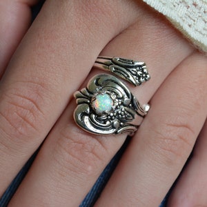 White Opal Spoon Ring, Thumb Ring, October birthday Gift, Silver Plated Spoon Rings, Spoon Jewelry, October birthstone Ring, fire opal rings image 4