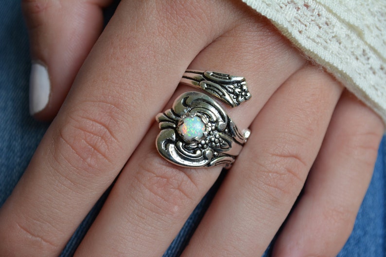 White Opal Spoon Ring, Thumb Ring, October birthday Gift, Silver Plated Spoon Rings, Spoon Jewelry, October birthstone Ring, fire opal rings image 4