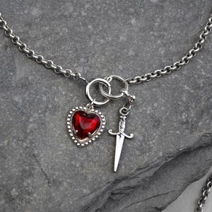 Sword and Heart Charm Chain Necklace, Goth Y2K ,antique Silver Plated Sacred Heart and Dagger with unique oversized o ring clasp
