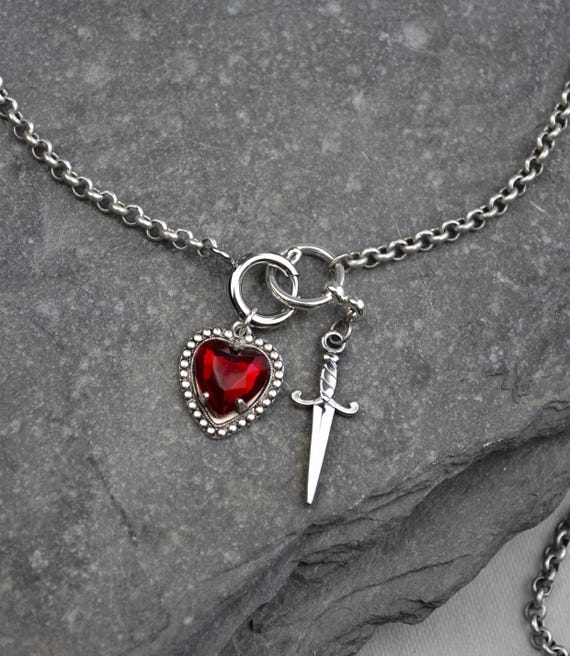 Sword and Heart Charm Chain Necklace, Goth Y2K ,antique Silver