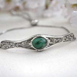 Natural Emerald Bracelet, May Birthstone Bracelet, Adjustable silver stacking bracelet