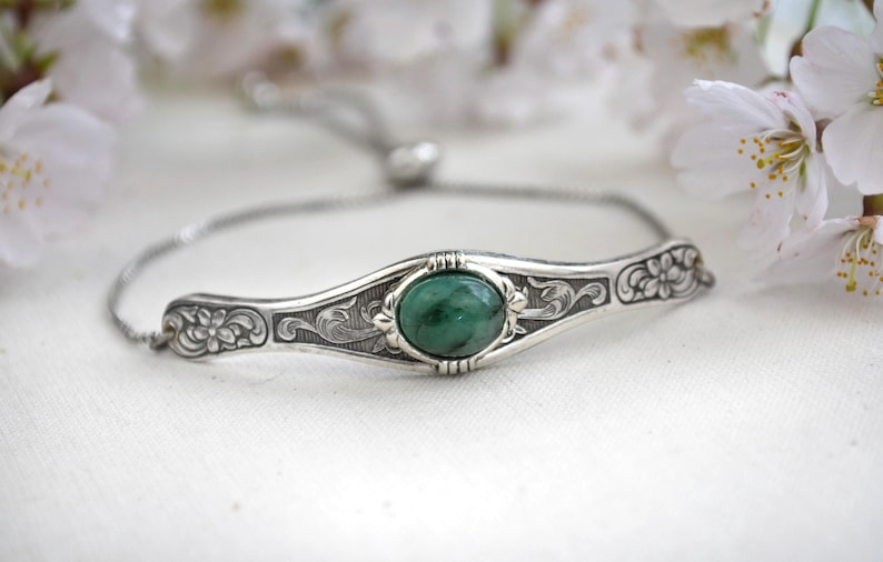 Natural Emerald Bracelet, May Birthstone Bracelet, Adjustable silver stacking bracelet