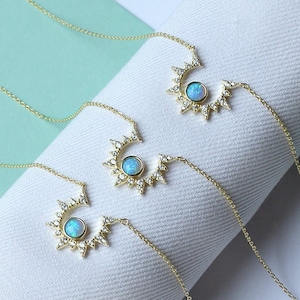 Tiny Opal Necklace, Opal Star Necklace, Moon Sun Gold Starburst Necklace, North Star Pendant, Blue Opal or White Opal Layering Necklace