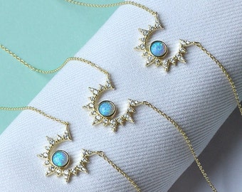 Tiny Opal Necklace, Opal Star Necklace, Moon Sun Gold Starburst Necklace, North Star Pendant, Blue Opal or White Opal Layering Necklace