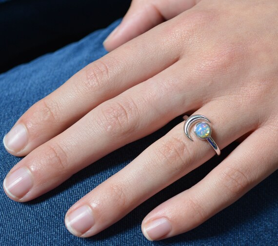 Crescent Moon Ring Opal Stacking Ring Moon Opal Ring Half Moon Ring With Stone Dainty Opal Jewelry Blue Fire Opal Ring in Rose Gold Etsy Canada
