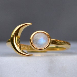 Gold Ring Moonstone Ring For Girlfriend, Celestial Jewelry, Crescent Moon Ring, Wanderlust Jewelry, Stackable Statement Ring Moon Stone Ring