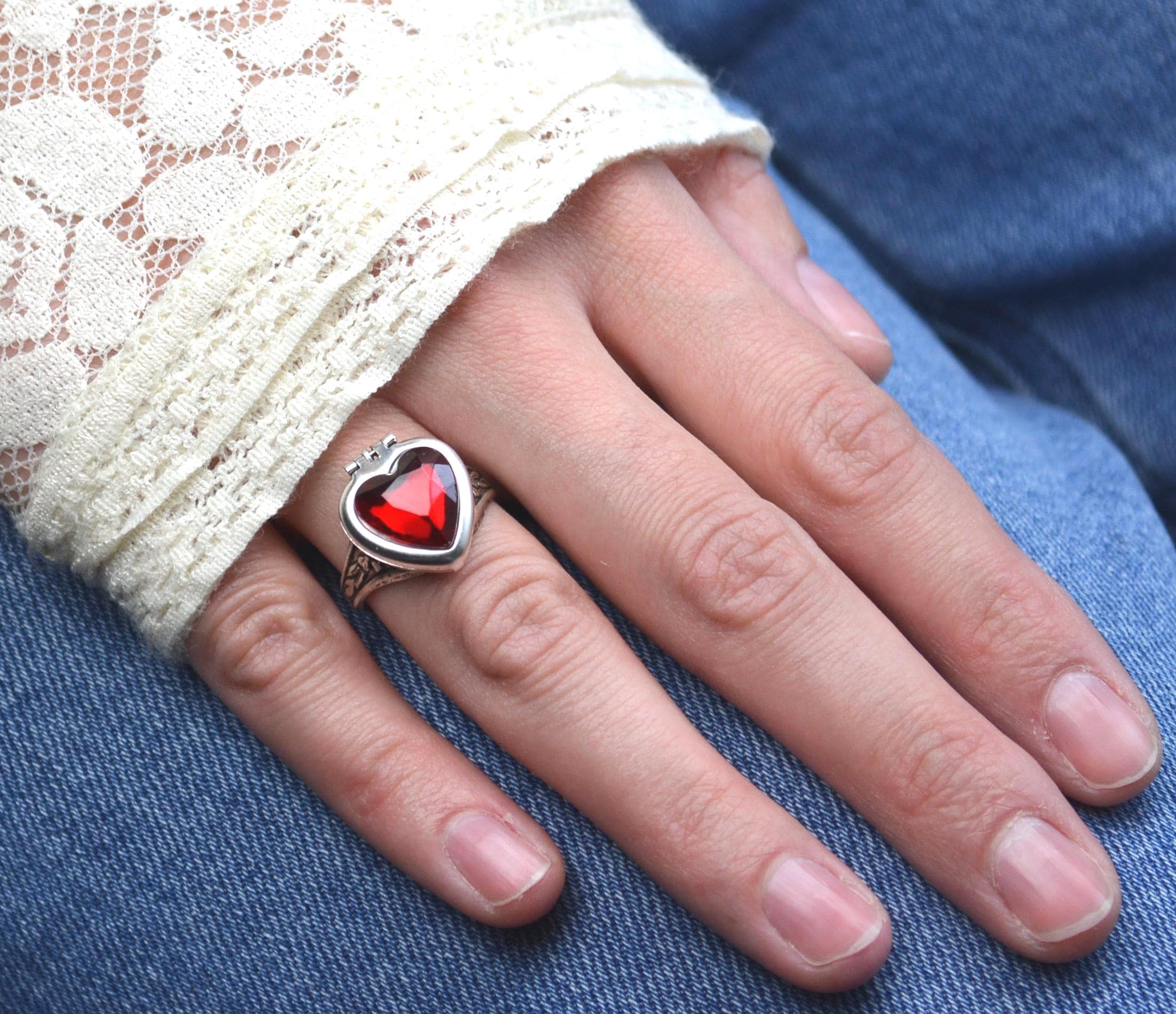Red Crystal Heart Locket Ring, Valentines Day Gift for Girlfriend