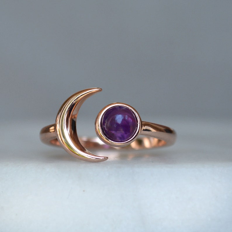 Wanderlust Moon Ring, Rose Gold Amethyst Ring, Crescent Star jewelry, Moon hugging Planet Ring, Blush Moon Ring, February birthstone ring rose gold vermeil